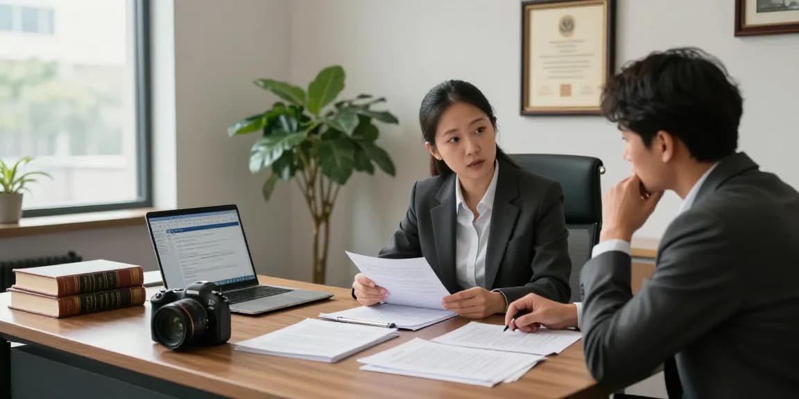 Law office consultation with a lawyer discussing critical case details next to legal documents.