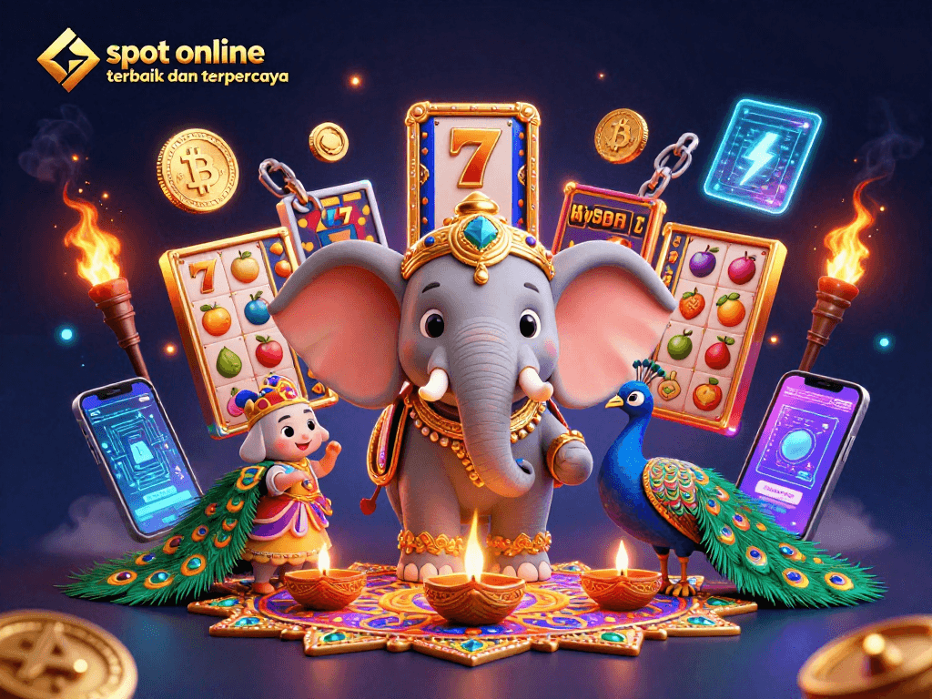 Menang besar dengan slot online terbaik dan terpercaya, simbol slot, dan elemen permainan berkilau.