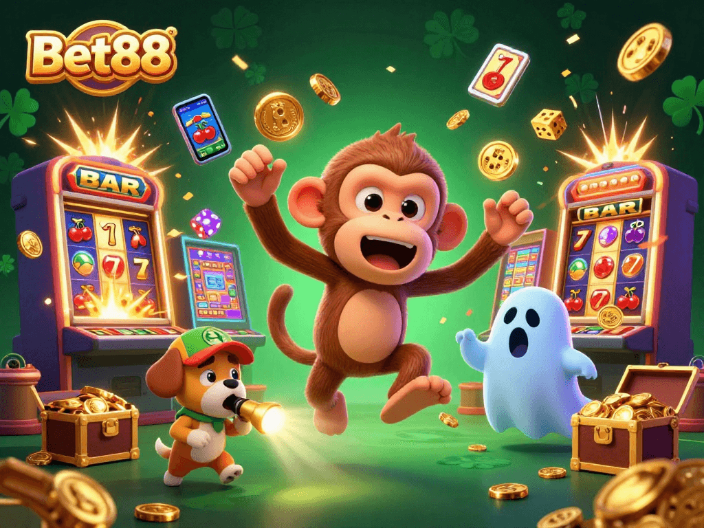 Engage with Bet88's thrilling casino scene featuring a mischievous monkey and a curious puppy hunting for gold.