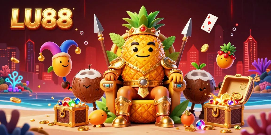 LU88 brings excitement with a golden pineapple king and tropical guards in a vibrant casino scene.