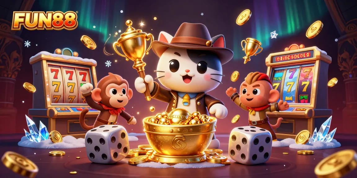 Experience the thrill of FUN88 with a playful cat exploring golden jackpots in a vibrant casino.