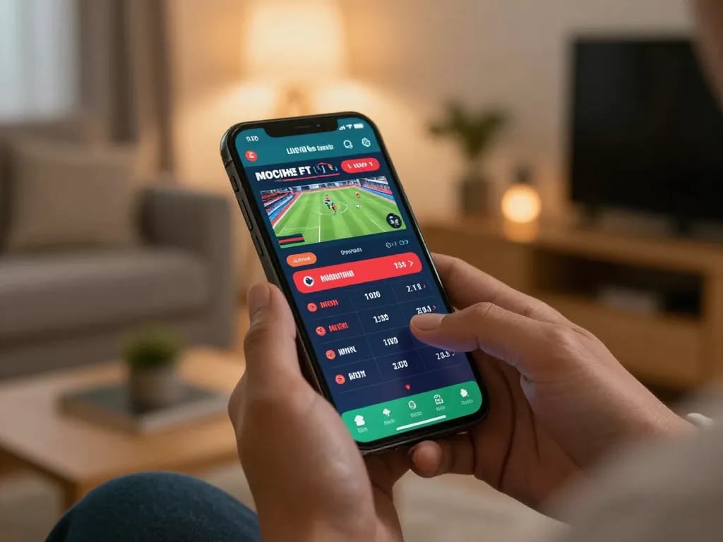 Engaging with the RR88 sports betting app in a cozy living room setting while enjoying comfortable entertainment
