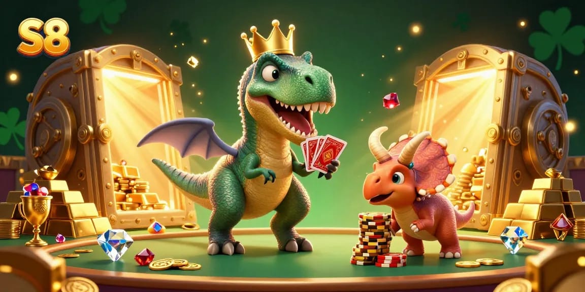 S8 casino adventure featuring T-Rex and friends shuffling cards and stacking chips with dynamic gold elements.