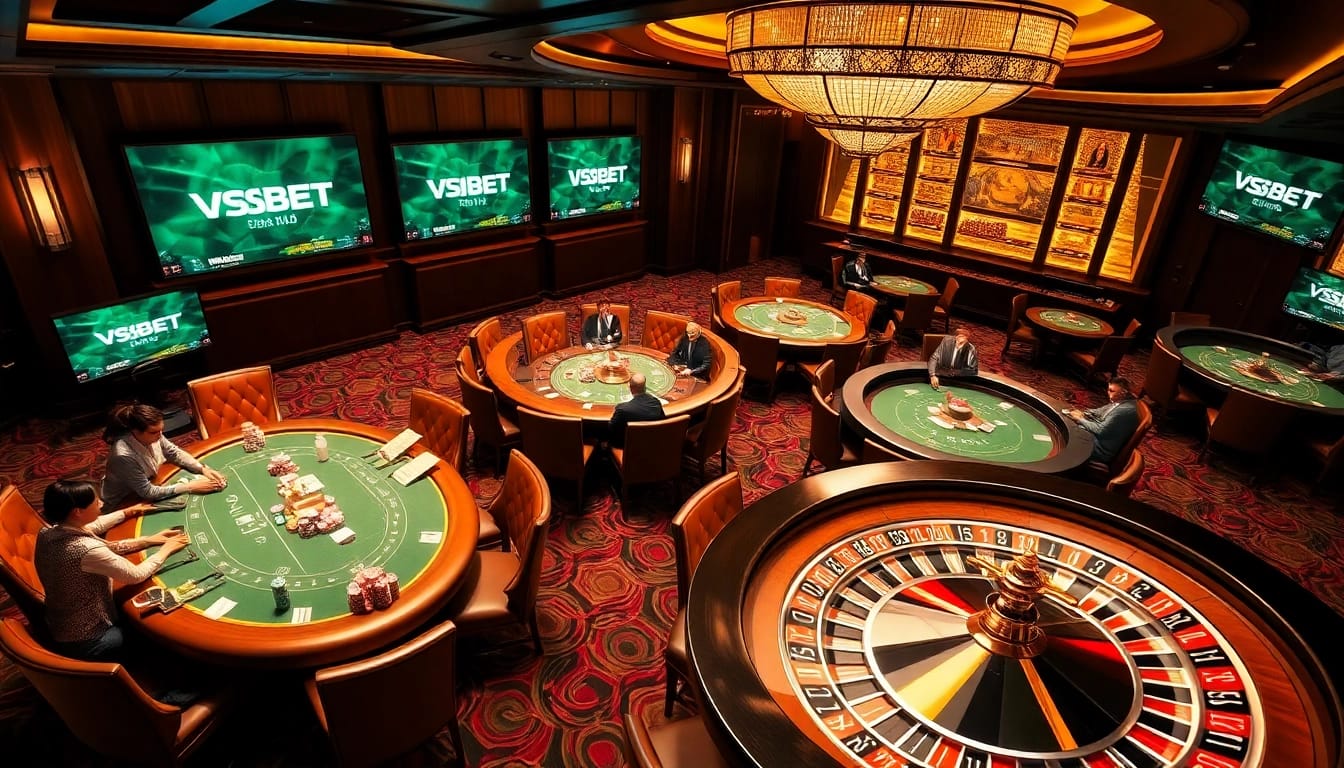 Experience luxurious gameplay with VSBET at high-stakes poker tables in a vibrant casino setting.