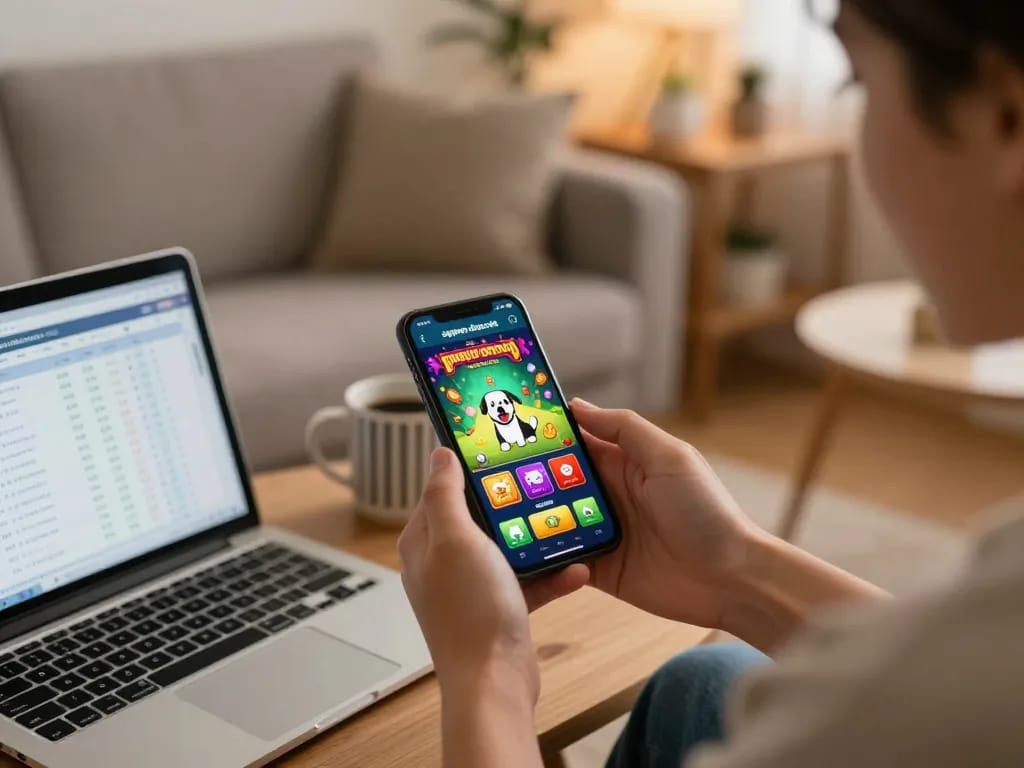sapporo-dogscafe online casino app showcased on a smartphone in a cozy home setting
