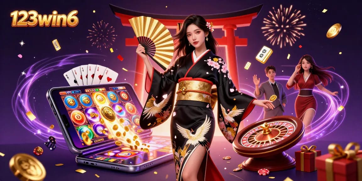 Engage in thrilling gaming action with 123win6, featuring a vibrant scene of games and festive elements.
