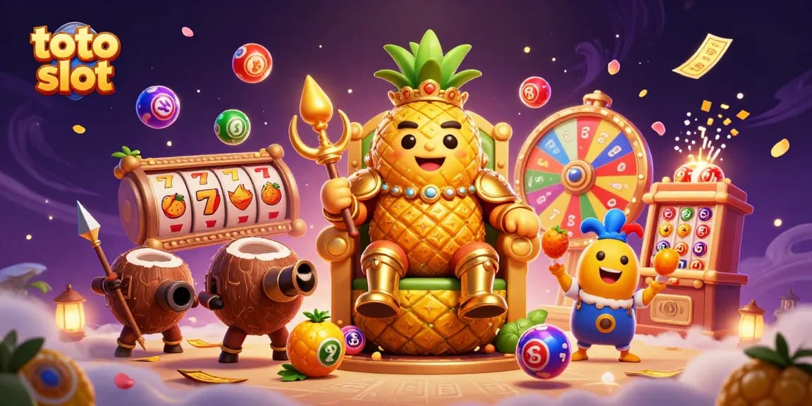 Engage with the vibrant toto slot kingdom, featuring a golden pineapple king on his fruit throne with dynamic casino elements.