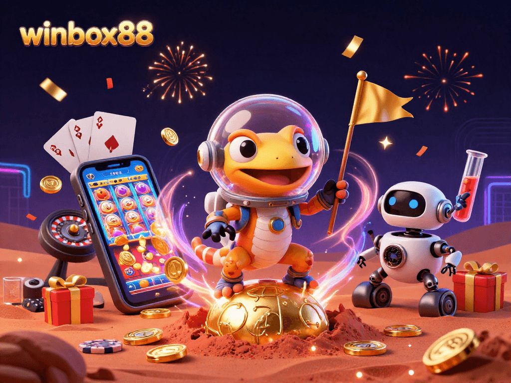 Winbox88 Martian gecko uncovers a dazzling casino with vibrant slot games, amidst cheering alien bacteria.