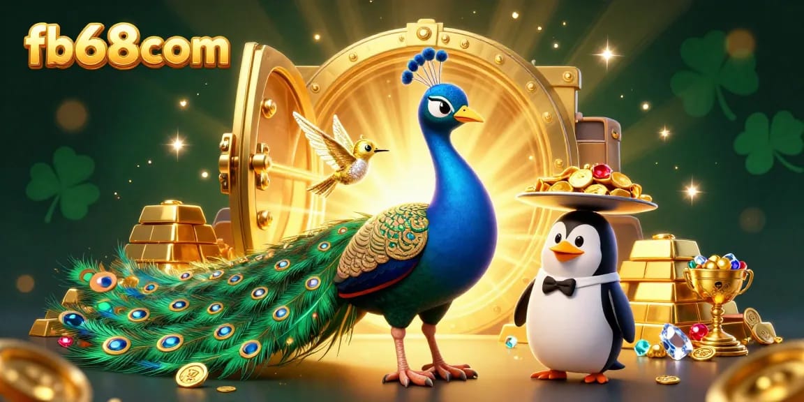 Engage with fb68com's exclusive casino treasures in this vibrant 3D illustration filled with gold and gems.