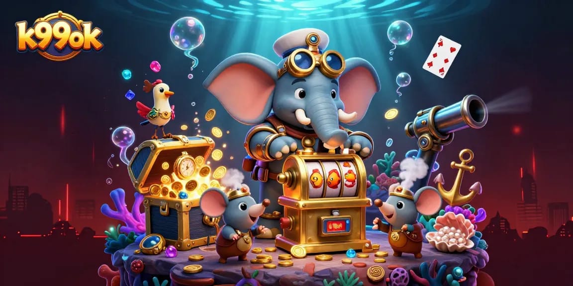 Engaging k99ok scene with steampunk elephant and aquatic treasures in 3D casino illustration
