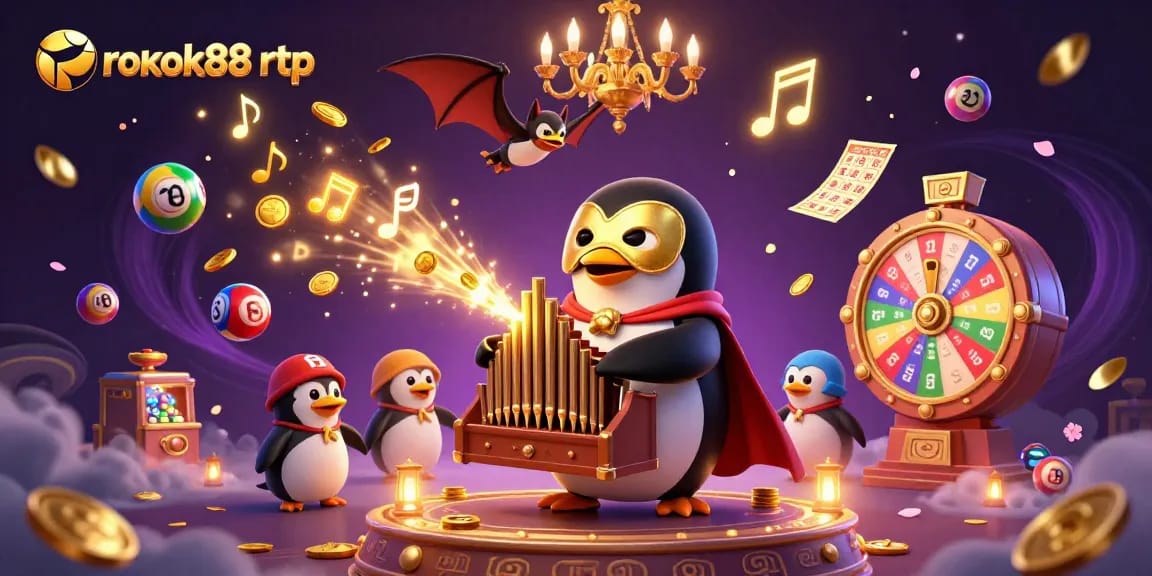 Experience the thrill of gambling with rokok88 rtp as the penguin plays organ and coins rain down.