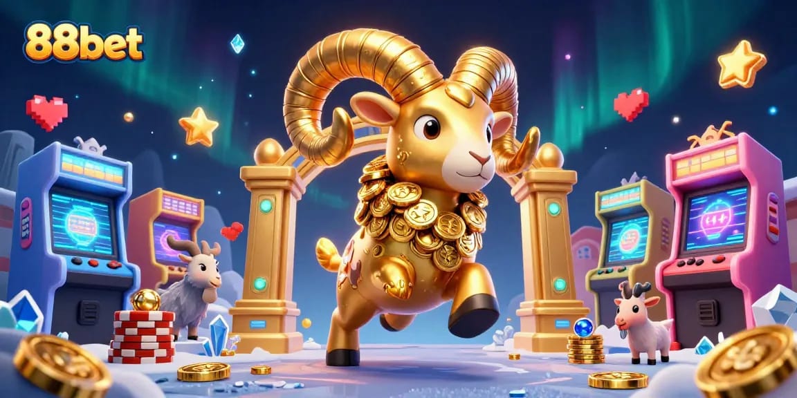 Immerse in the vibrant world of 88bet with a golden ram charging through a dazzling casino backdrop.