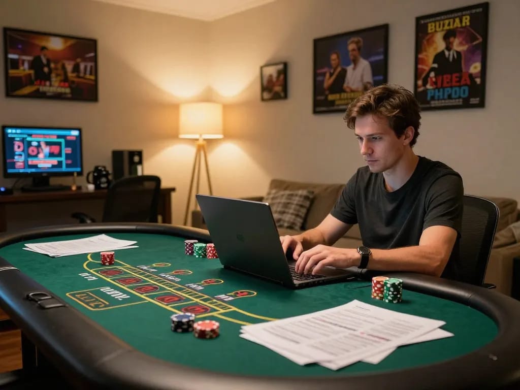 Playing blackjack on RR88 at home, featuring a focused player with strategic notes and cozy lighting.