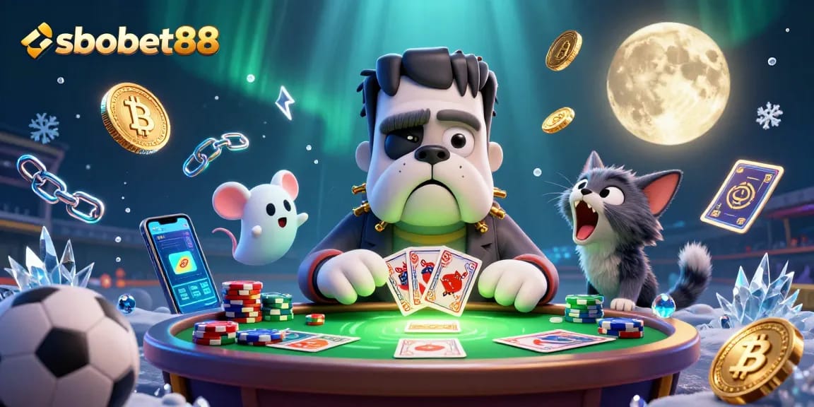 Bet on sbobet88 with an exciting 3D illustration showcasing a bookmaker party scene with vibrant sports elements.