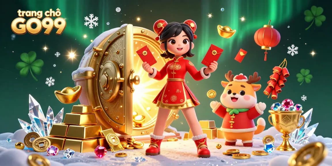 Experience the thrill of playing at trang chủ GO99 with vibrant festive illustrations of gaming excitement.