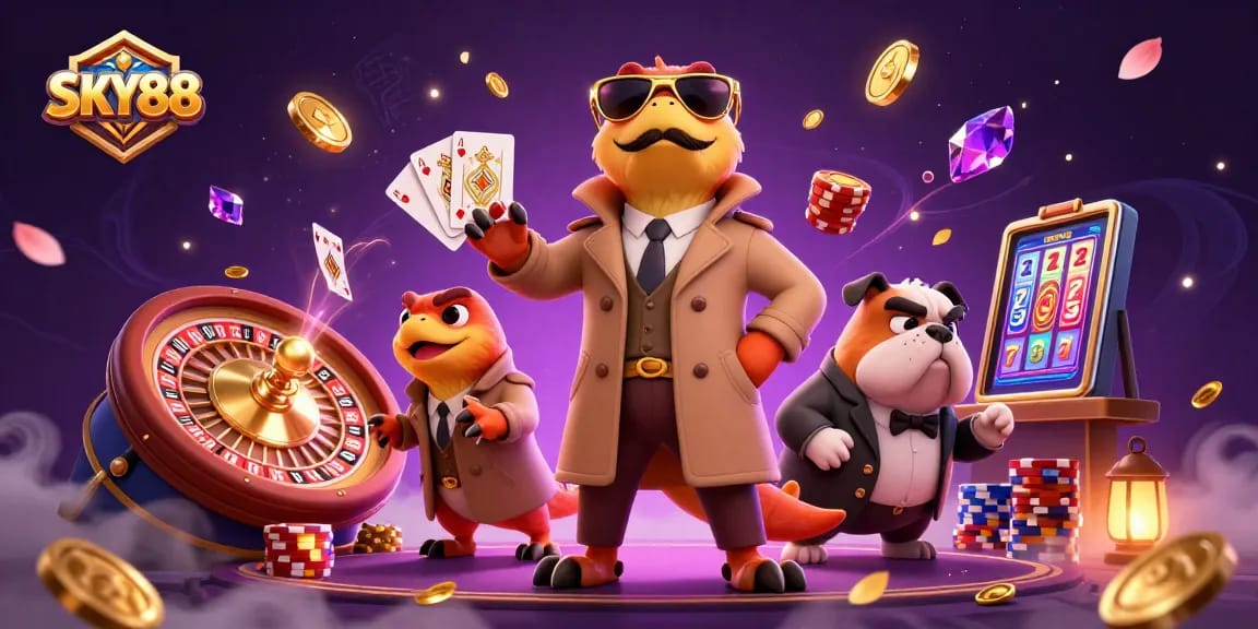 Sky88 raptors comically attempting to enter a VIP casino lounge surrounded by vibrant casino elements.