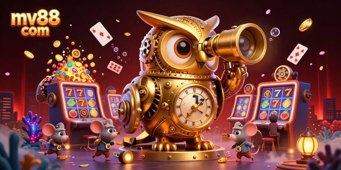 Experience excitement at mv88 com with a 3D illustrated casino scene featuring an animated owl on a vault.