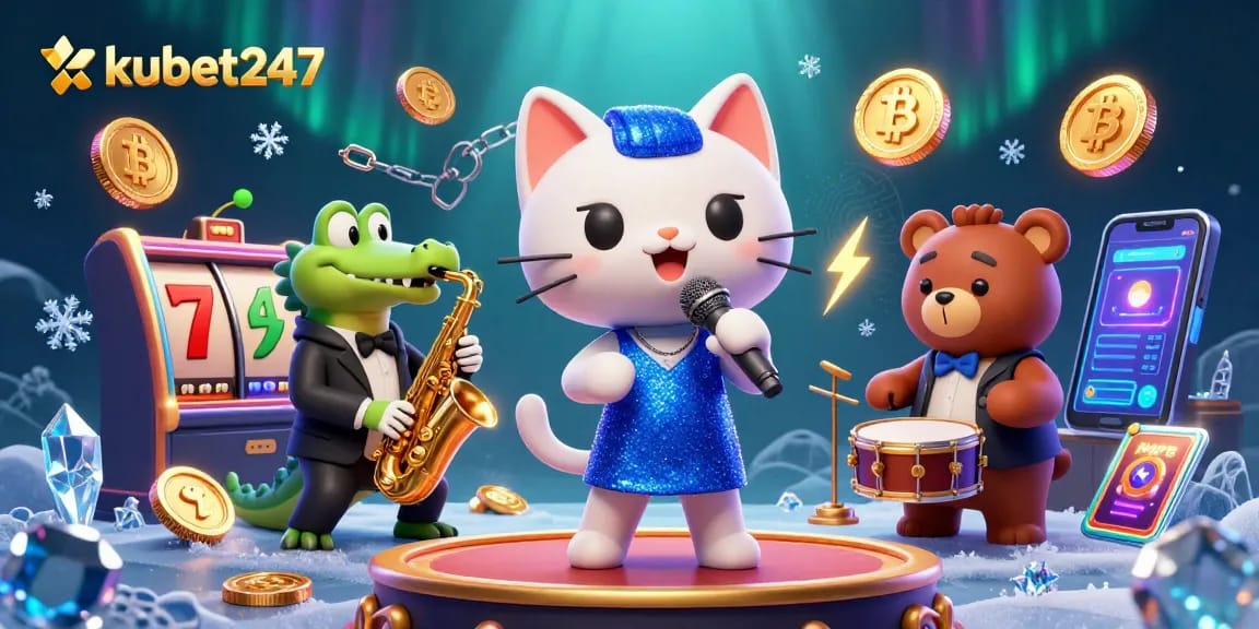 Experience the excitement at kubet247 with vibrant casino characters and glowing crypto elements.