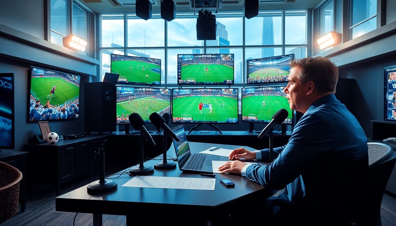 Sports Broadcasting studio with a host analyzing live games in an energetic atmosphere.