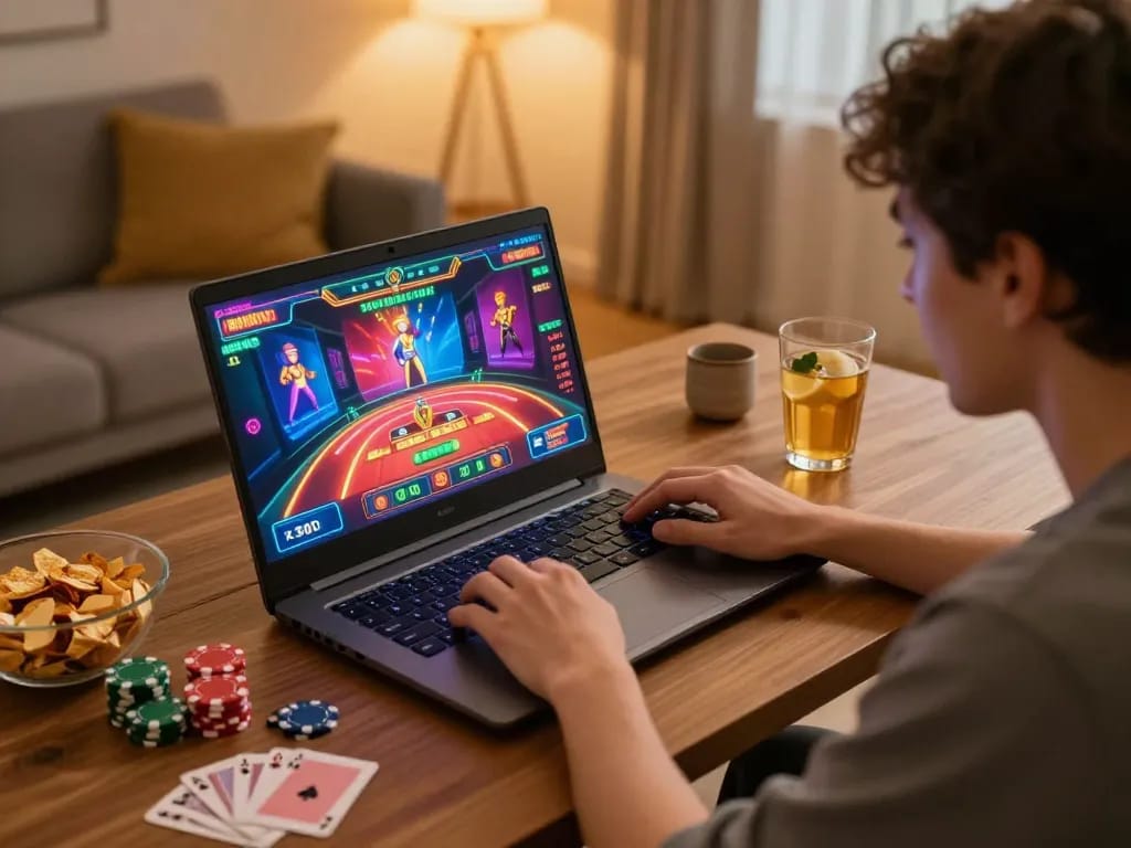 Engaged player enjoying online games at trang chủ GG88 in a cozy home setting with exciting visuals.