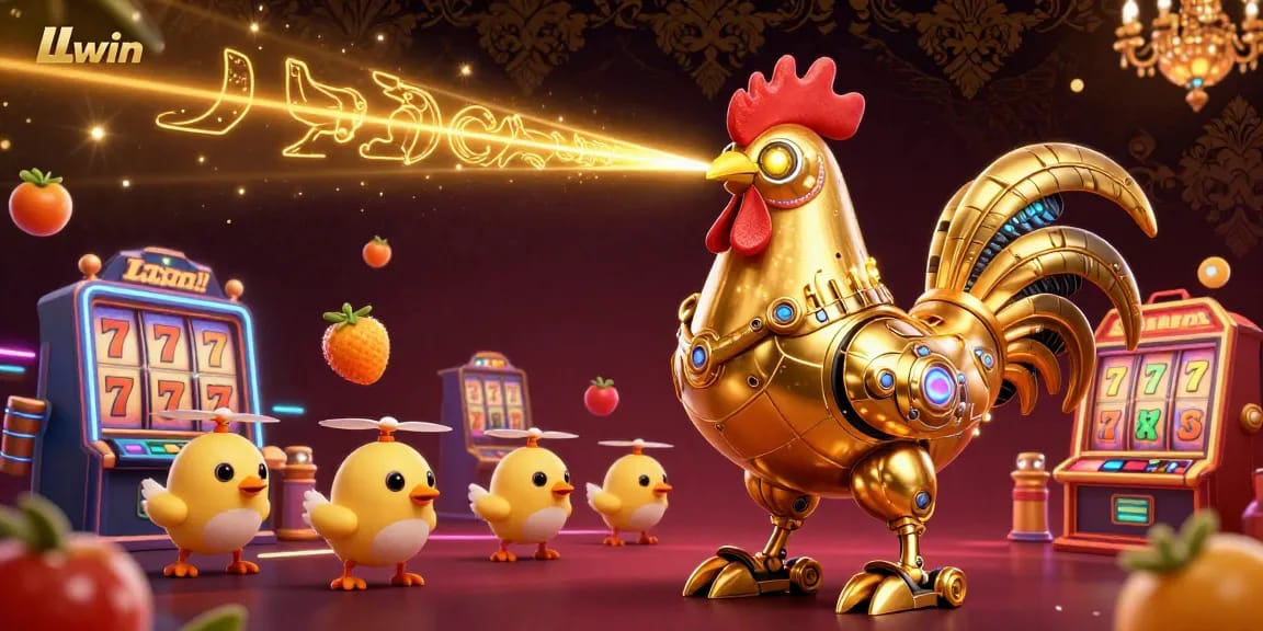 Engage with LLwin's thrilling slot experience featuring a golden rooster robot and baby chick drones.