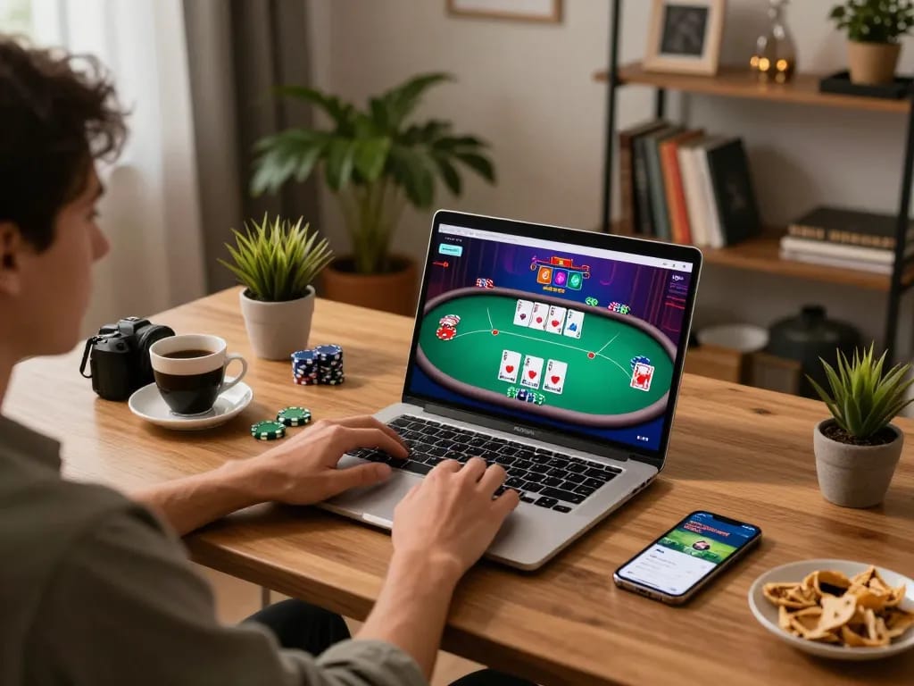 Engaging online poker gameplay at home using a laptop on tr88 com while promoting responsible gaming.