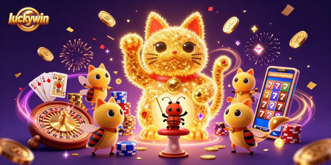 Experience the thrill of luckywin in a vibrant casino world with golden fireflies, coins, and colorful gameplay elements.