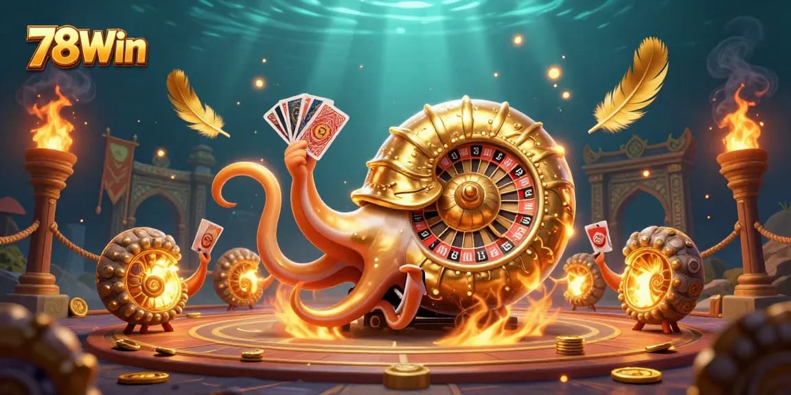 Engage with 78Win's vibrant casino experience featuring a golden roulette shell and mystic characters.