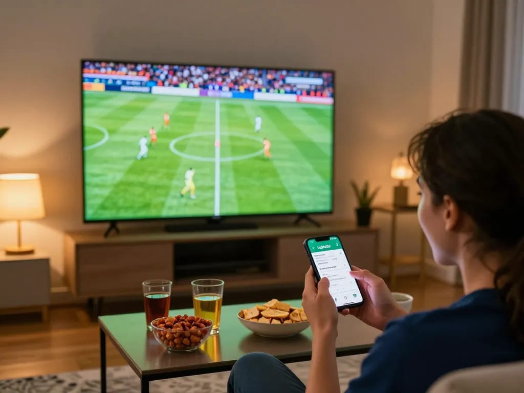 Cakhiatv enhances the live football viewing experience on a cozy home setup with snacks and a smartphone.