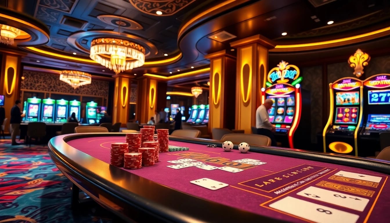 Experience the thrill of tha bet in a luxurious casino scene with poker tables, vibrant chips, and animated slot machines.