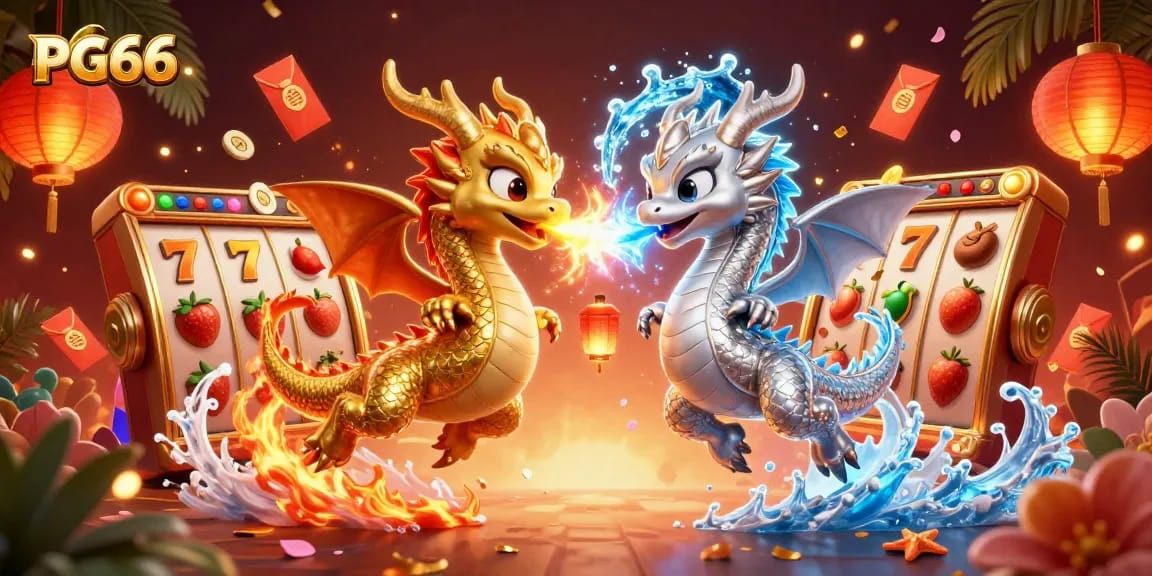 Engage in thrilling gameplay at PG66 with gold and silver dragons amidst captivating casino elements.