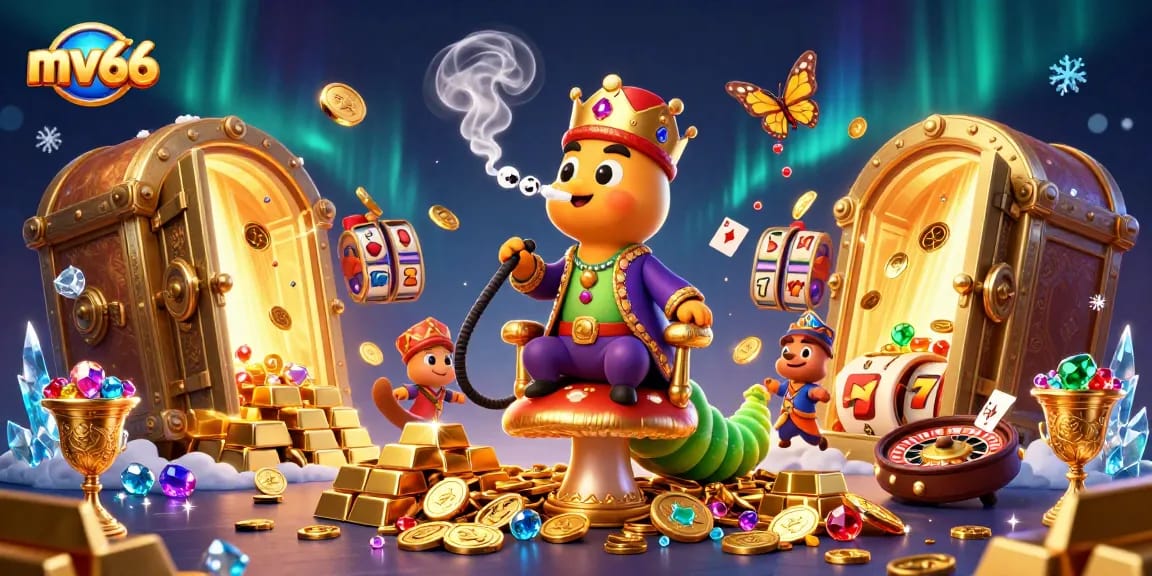 Experience excitement at mv66 with a vibrant 3D casino scene featuring jackpot symbols and treasure.