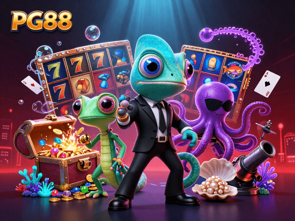 Join PG88's thrilling adventures with colorful characters and casino symbols in a vibrant underwater scene.