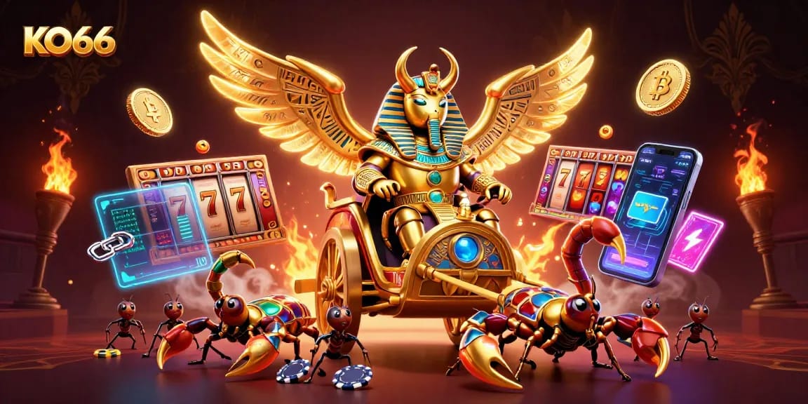 Engage with KO66's vibrant casino scene featuring a colossal golden scarab and dynamic slot elements.