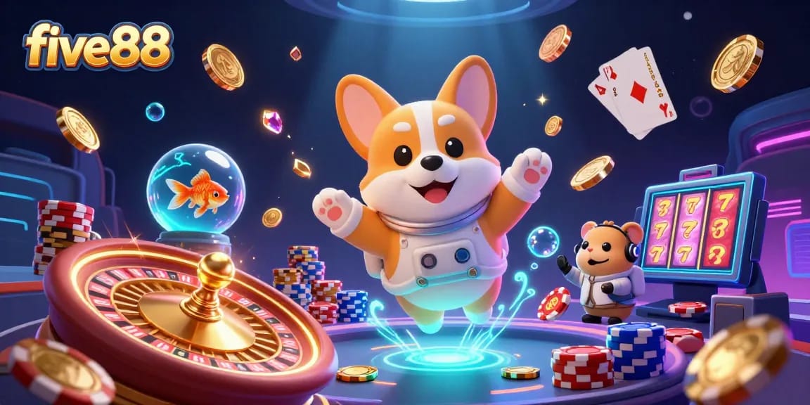 Experience the fun of five88 with an astronaut corgi in a dynamic casino scene.