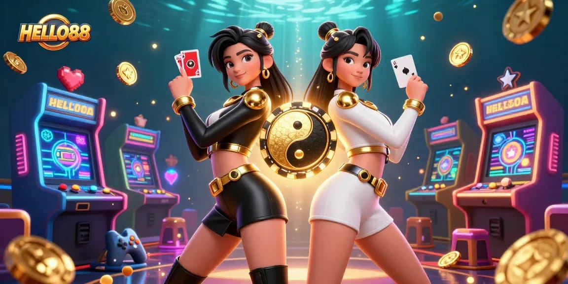 HELLO88 showcases twin Asian women in powerful poses with casino-themed elements around them.