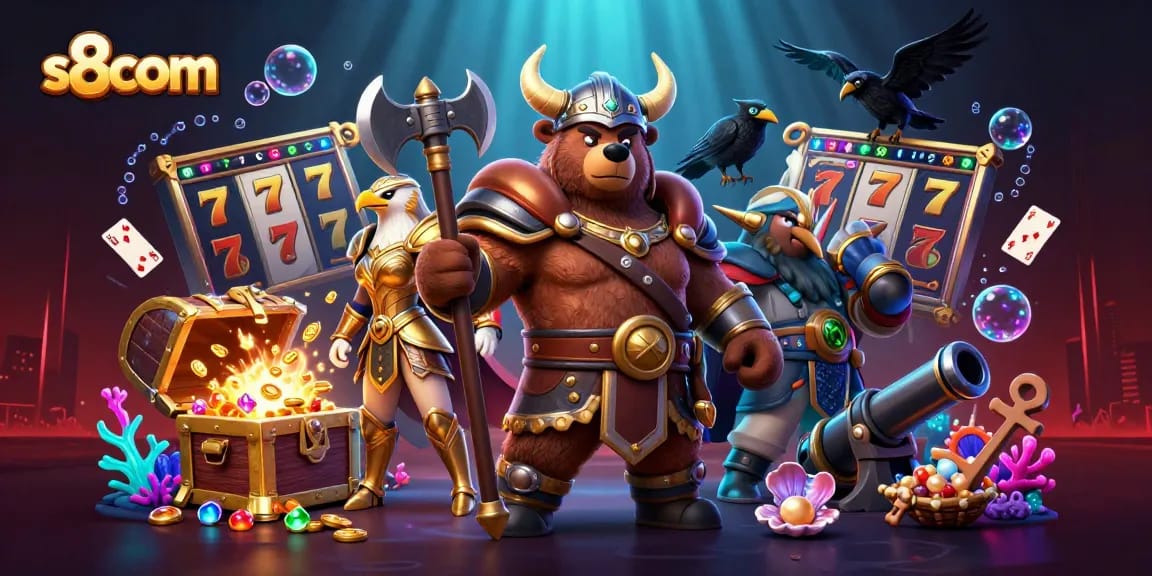Experience thrilling gameplay at s8com with a Viking bear and eagle amidst exploding treasure.