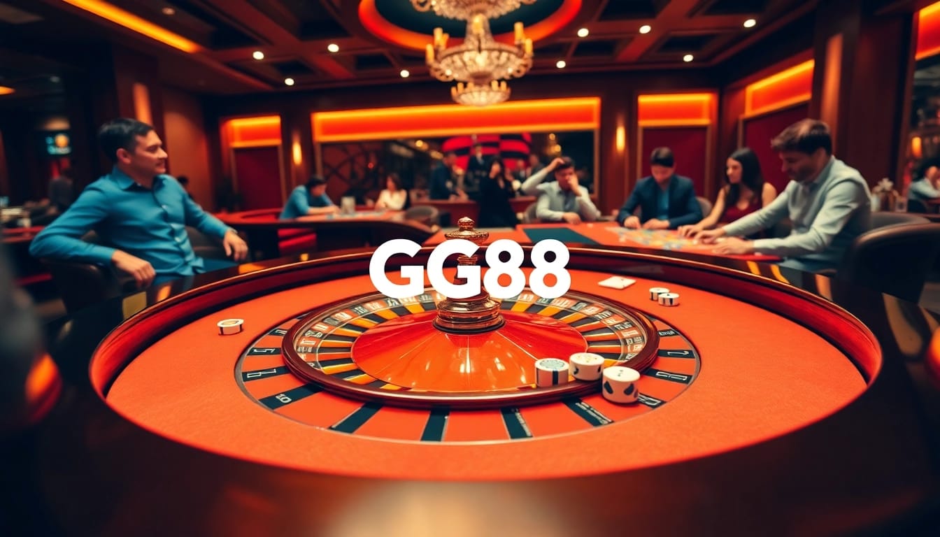 Players enjoying gambling at GG88's luxurious casino tables with roulette and poker.