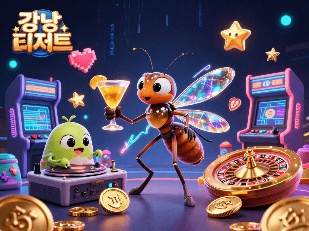 강남 디저트에서 화려한 카지노 마스코트와 DJ가 함께 즐기는 장면을 생생하게 표현