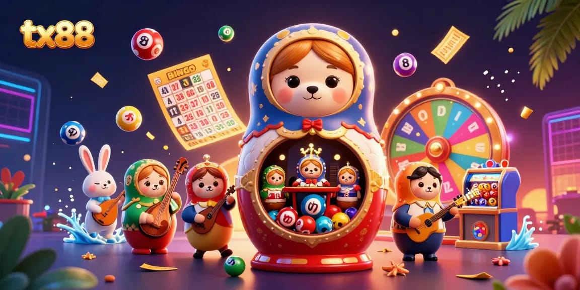 Experience the excitement of tx88 with vibrant bears and colorful lottery elements in a dynamic casino scene.