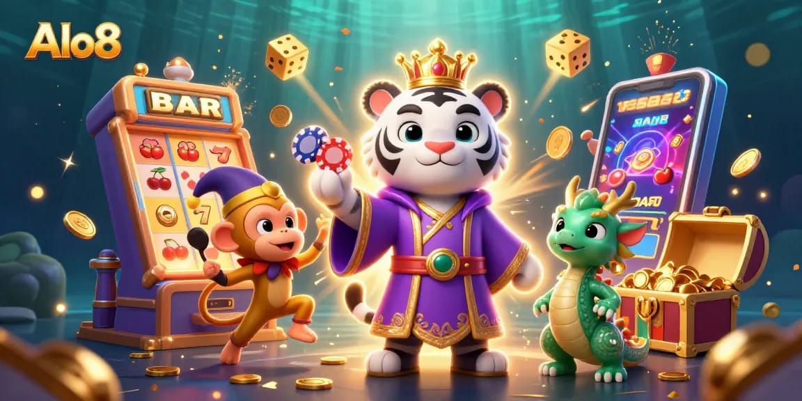 Alo8's vibrant 3D scene showcases a royal white tiger and a playful monkey amidst a jackpot explosion.