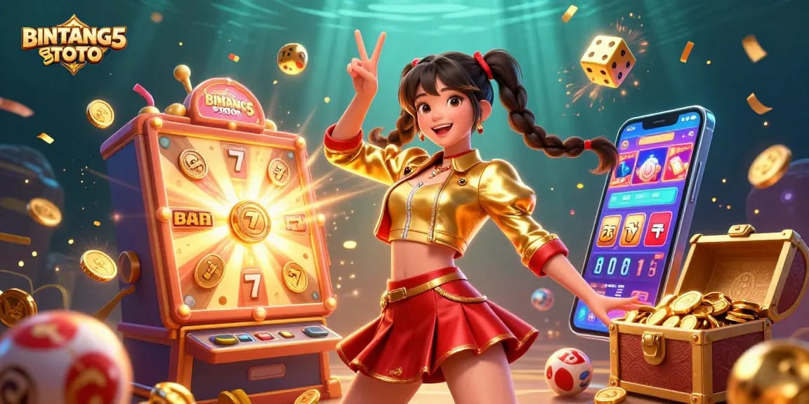 BINTANG5TOTO showcases a vibrant casino scene with an energetic Asian woman, lottery balls, and jackpot elements.