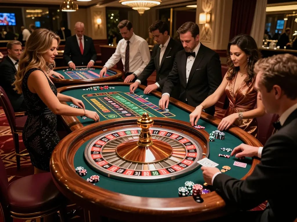 Players engaged at Nhà cái cm88 roulette table anticipating game outcomes in a luxurious casino.