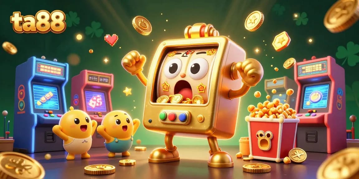 Engage with ta88's golden slot machine hitting a jackpot amidst colorful arcade games and cheering baby slots.