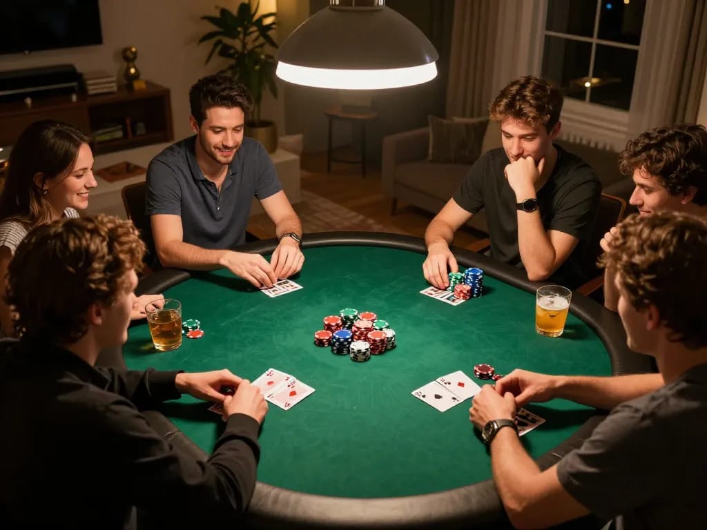 Friends enjoying a poker night at home with torxentertainment-themed cards and chips on a green felt table.