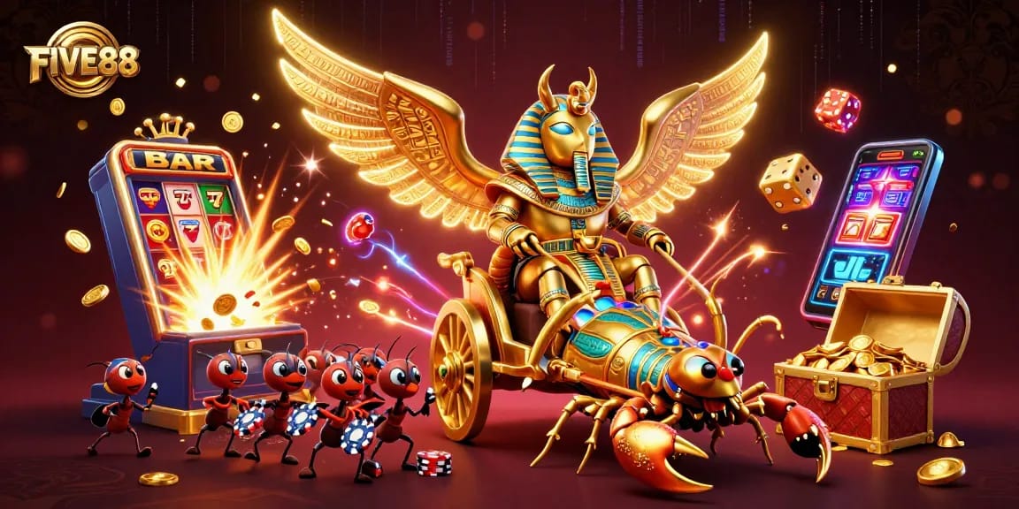 Experience the excitement of winning with FIVE88's golden chariot and vibrant casino atmosphere.