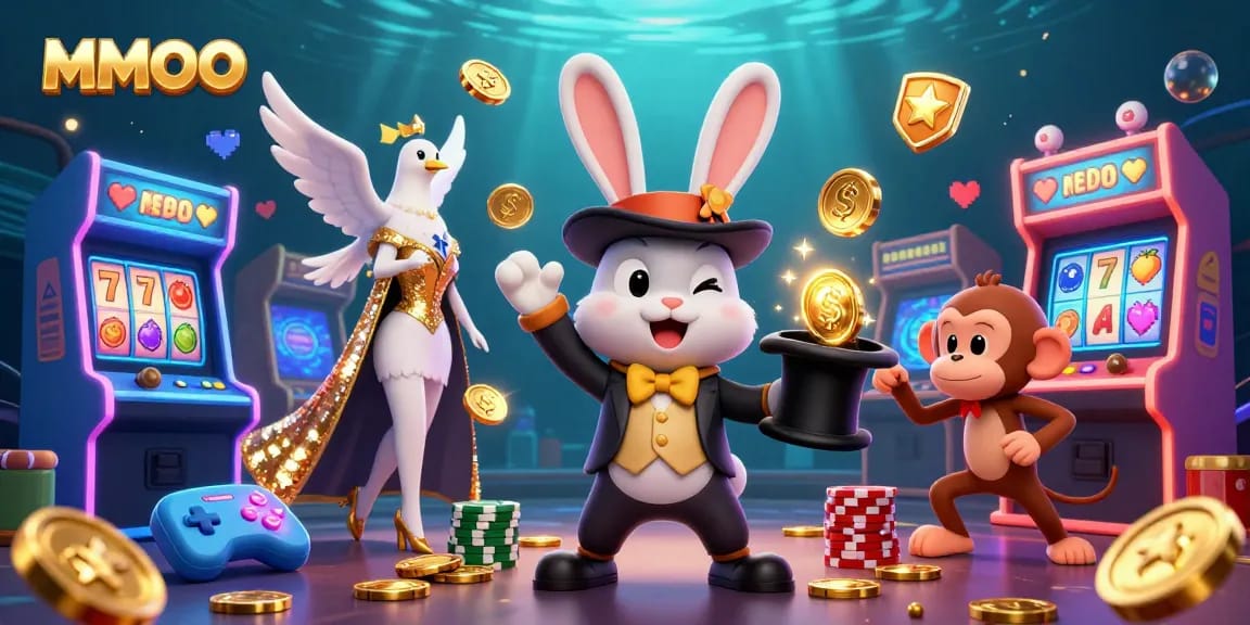 Engage in MMOO's thrilling online casino experience with vibrant characters and magical gaming elements.