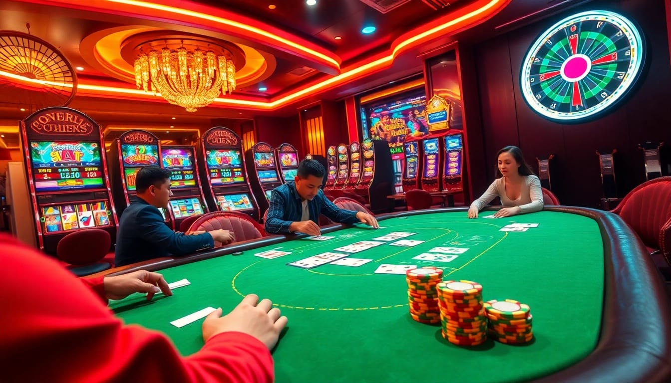 Exciting gaming atmosphere at a casino table featuring CM88 chips and slot machines.