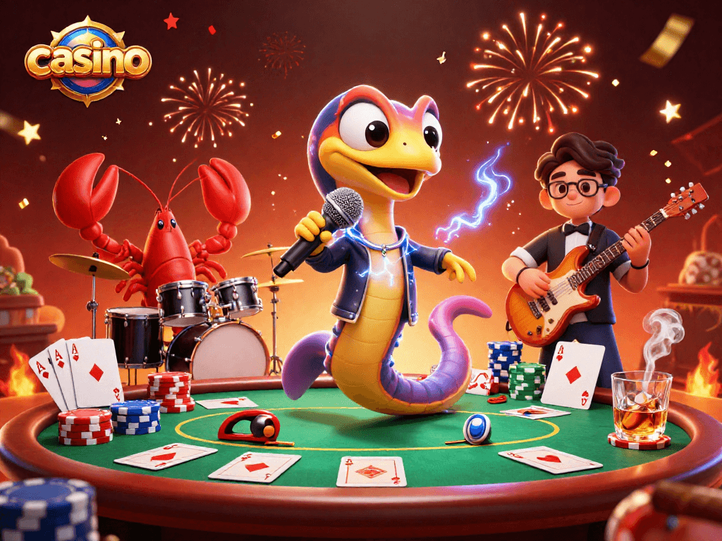 Experience an electrifying casino performance with a DJ eel, lobster drummer, and seahorse guitarist.
