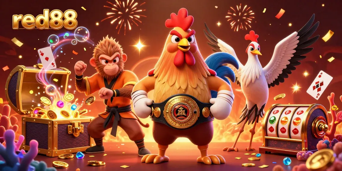 Experience thrilling gaming action with red88's dynamic casino scene featuring Muay Thai rooster and friends.